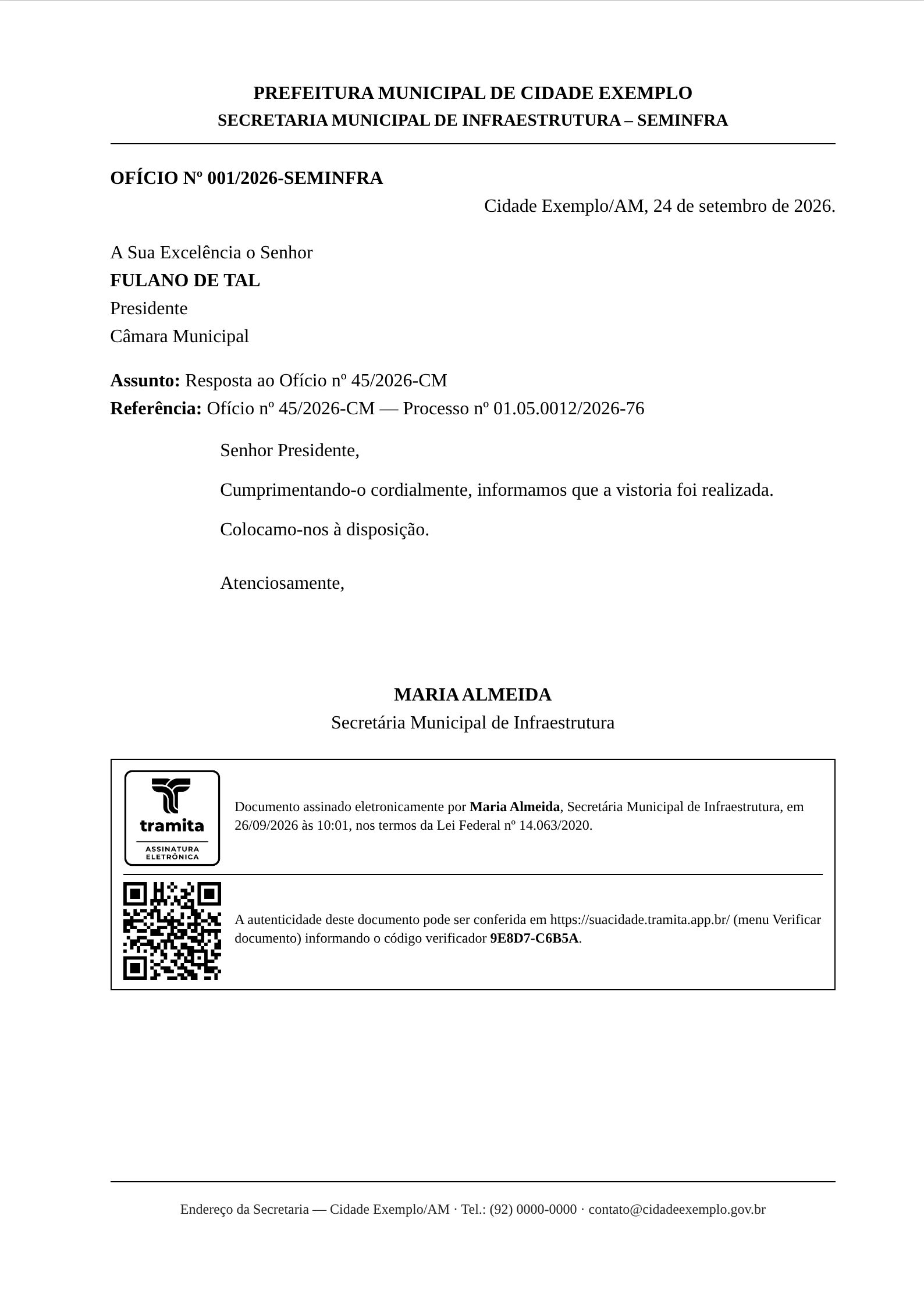 Ofício de resposta com bloco de assinatura eletrônica e QR Code